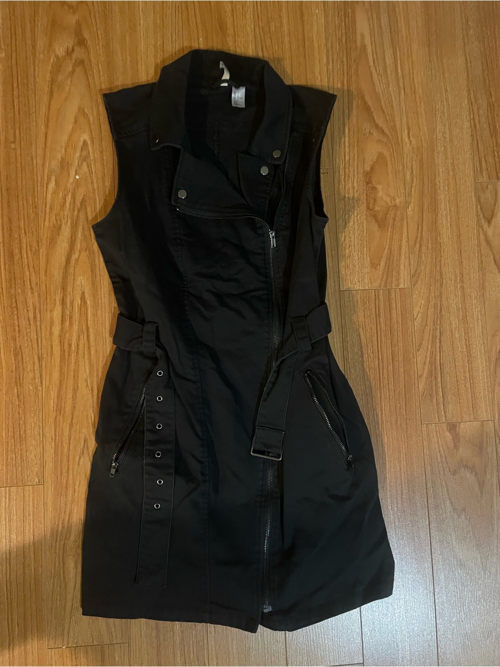 Sleeveless Black Zipper Belted Moto Dress